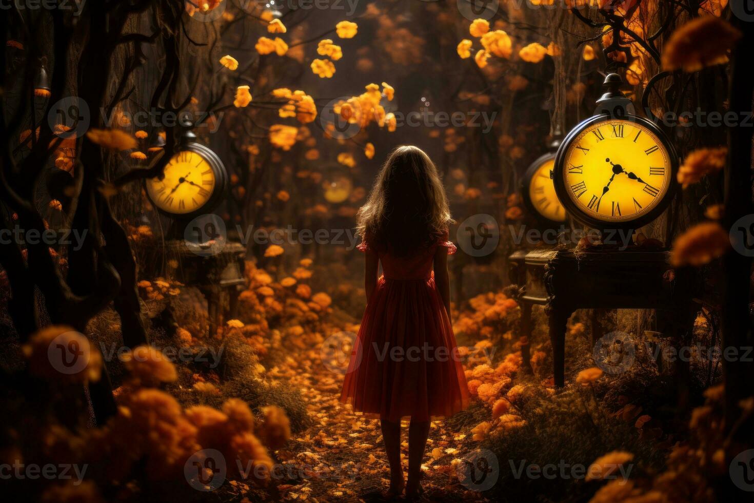 a girl in a red dress walks through a forest with clocks generative ai photo