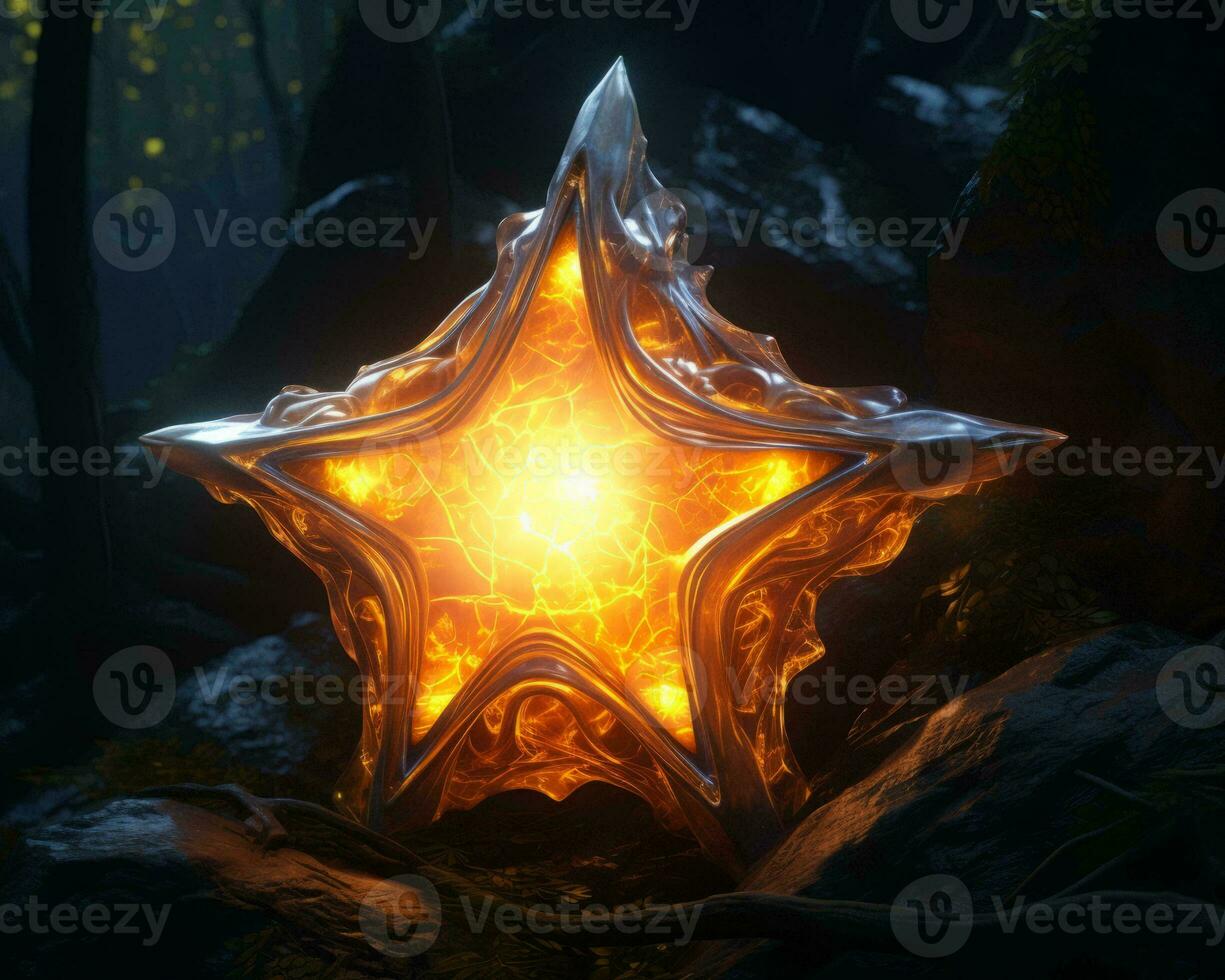 a glowing star on a rock in the woods generative ai photo