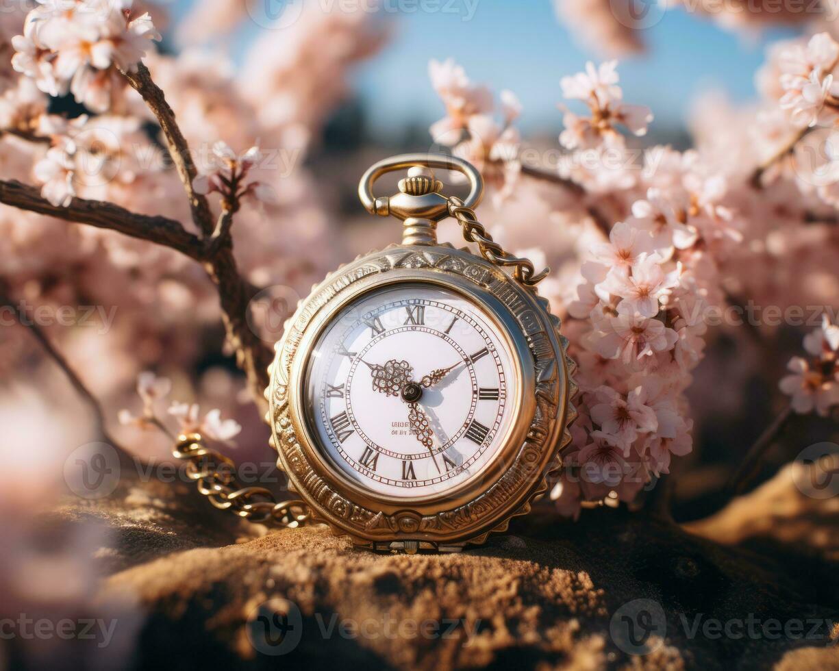 a gold pocket watch sitting on top of a tree with pink blossoms generative ai photo