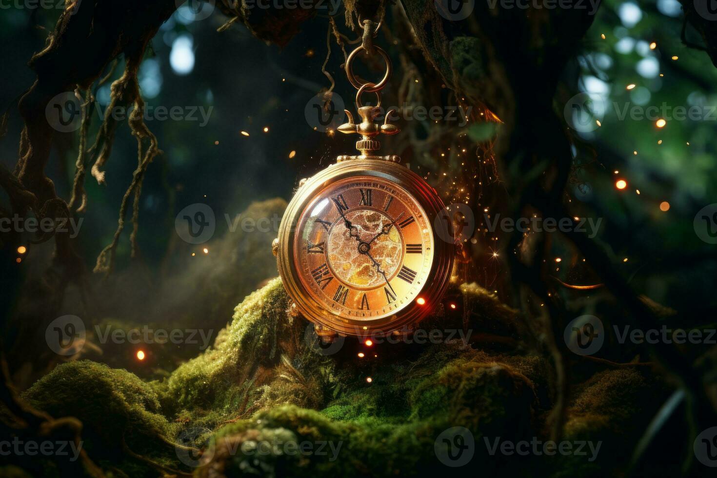 a golden pocket watch sitting in the middle of a forest generative ai photo