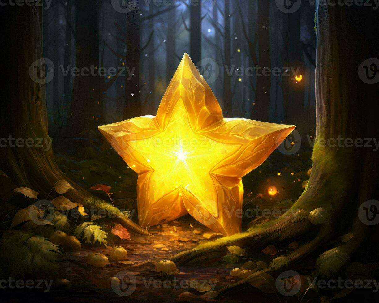 a golden star in the woods with fireflies generative ai photo