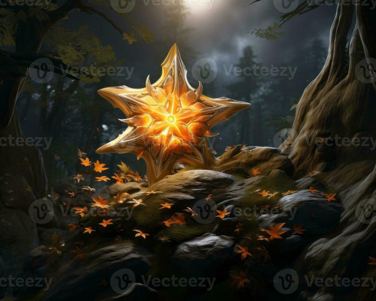 a golden star in the woods with leaves on it generative ai photo