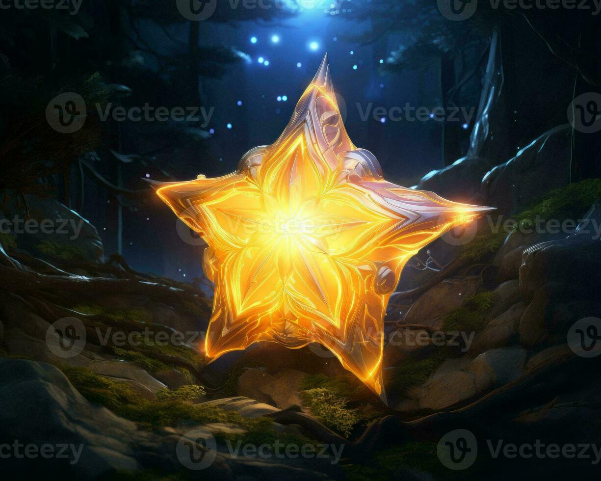 a golden star in the woods with a glowing light generative ai photo