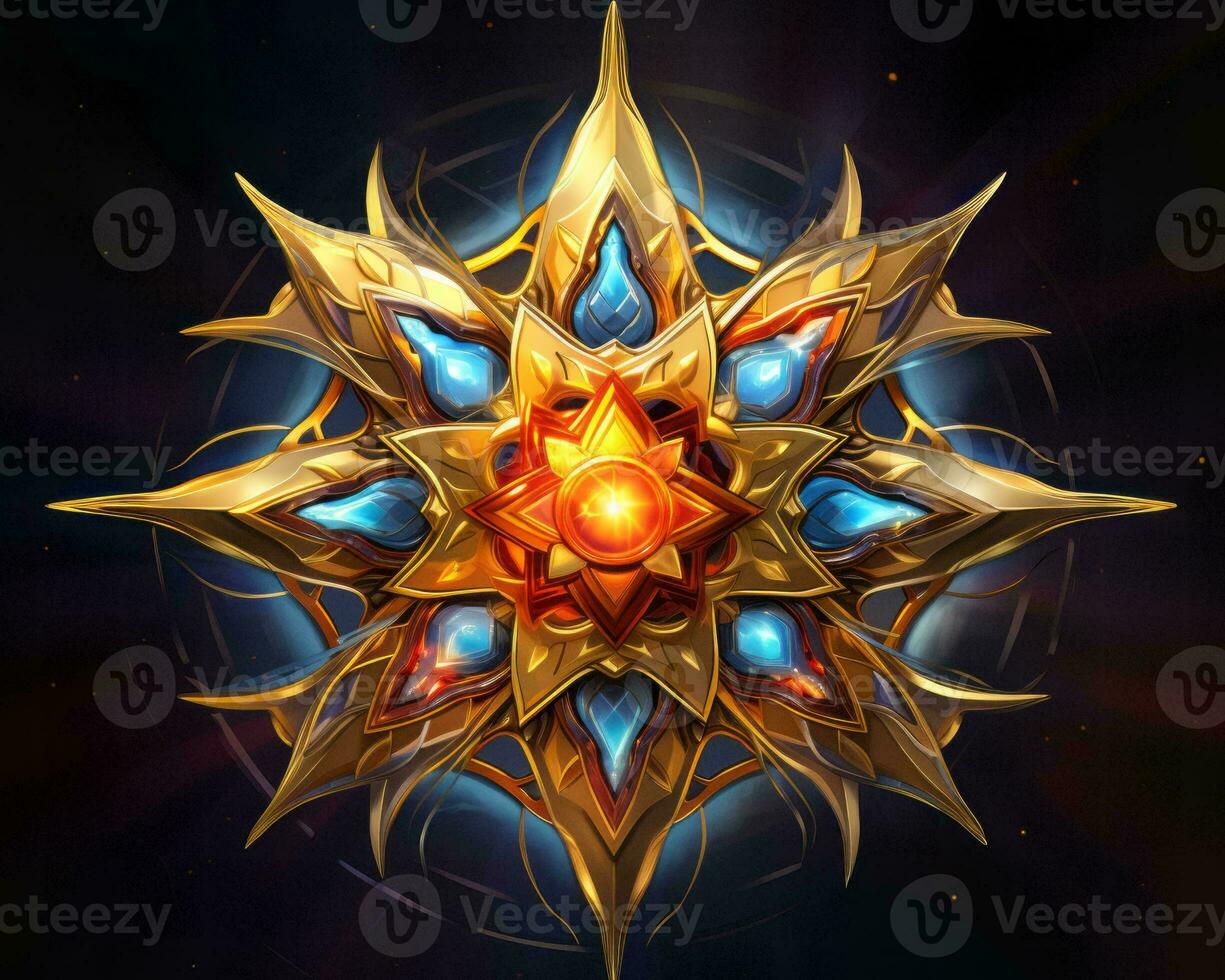 a golden star with blue and red gems on it generative ai photo