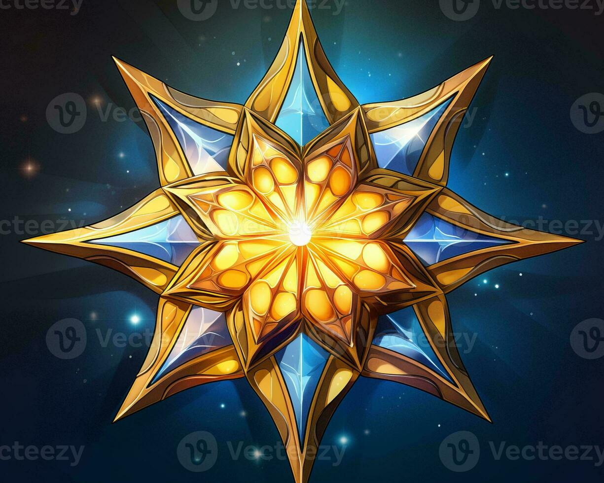 a golden star with blue and gold crystals on it generative ai photo