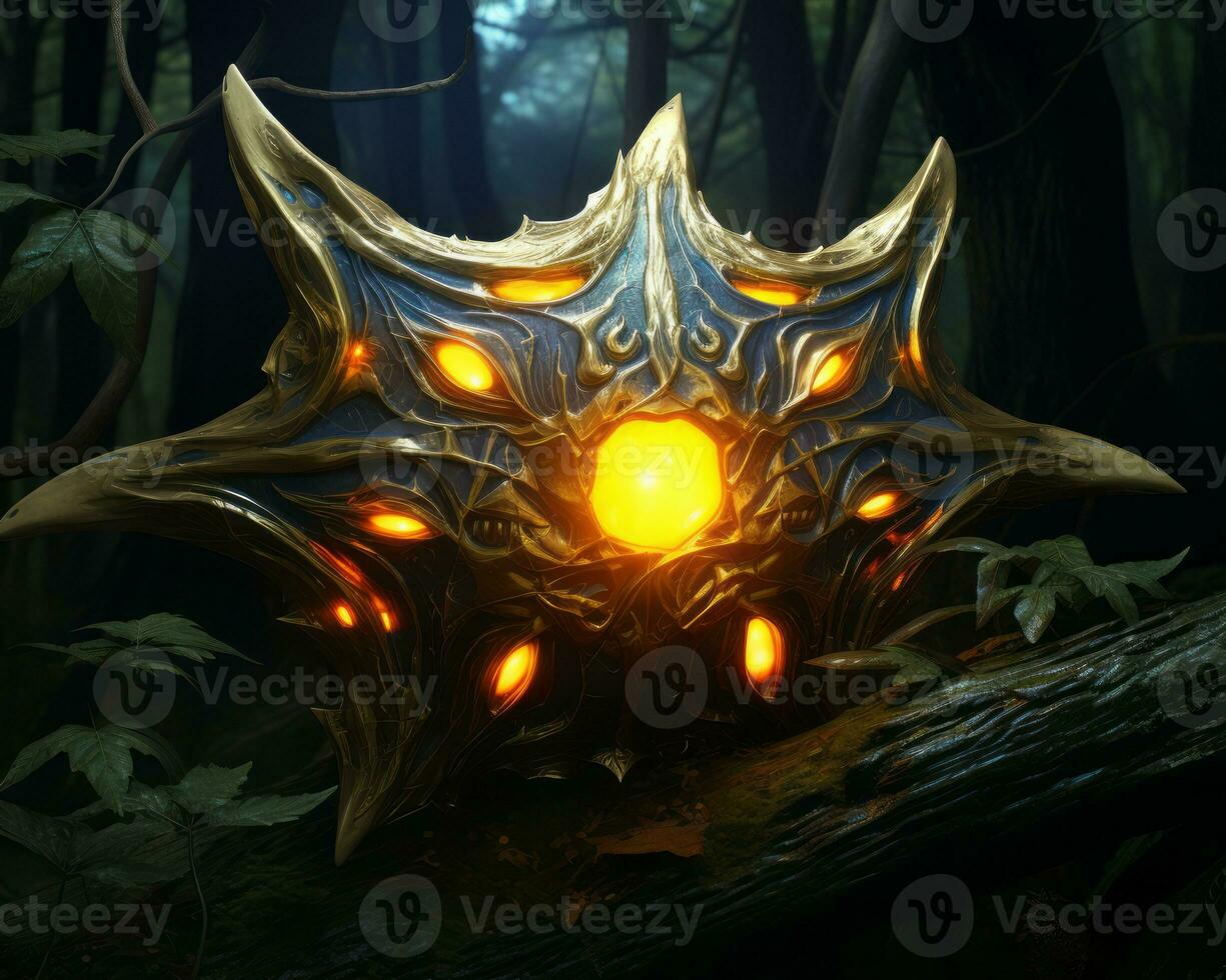 a golden star with glowing eyes in the middle of a forest generative ai photo