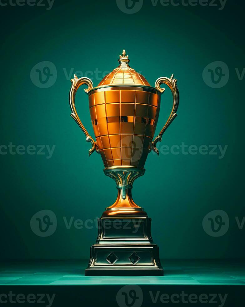 a golden trophy on a dark green background generative ai photo