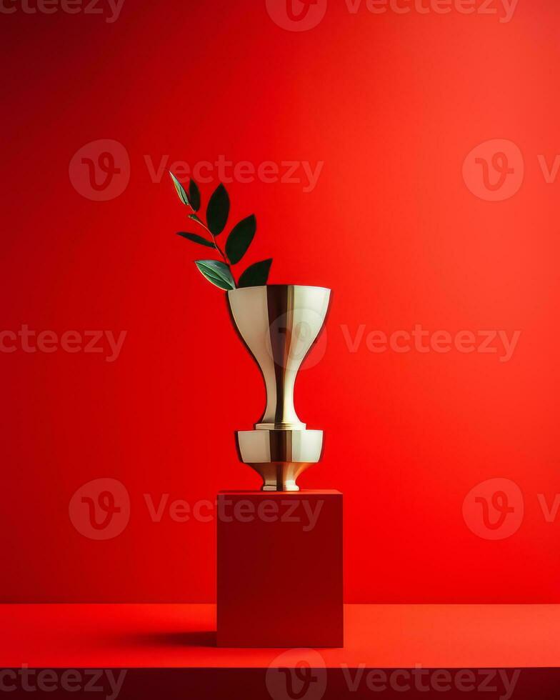 a golden trophy on a red background generative ai photo