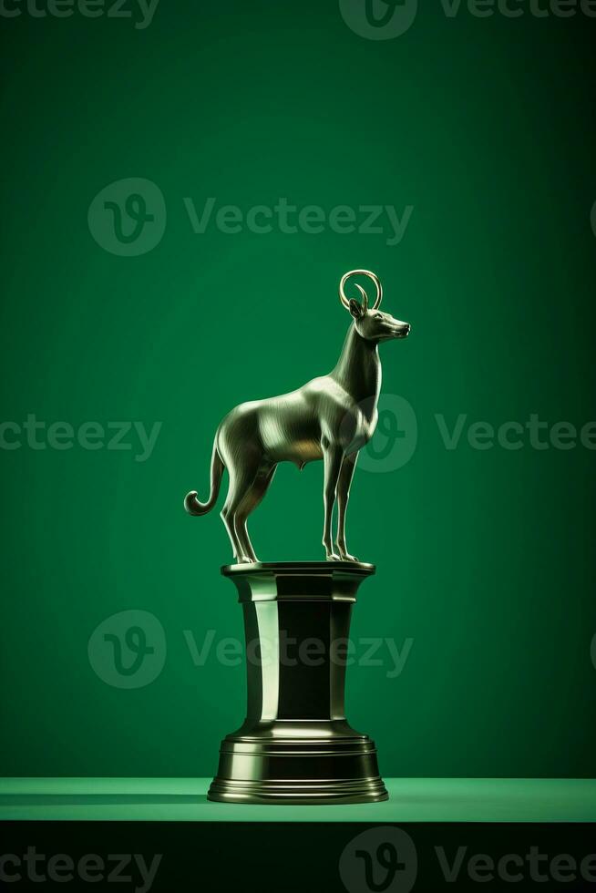 a golden statue of a dog on a pedestal against a green background generative ai photo