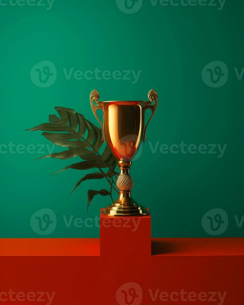 a golden trophy on a red and green background generative ai photo