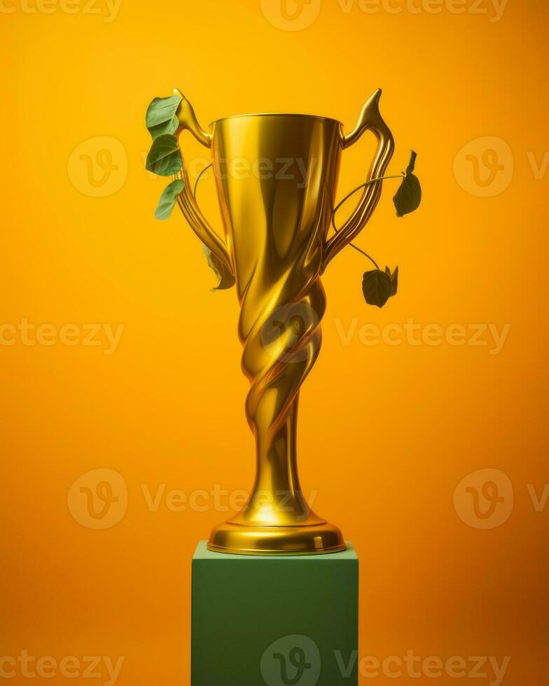 a golden trophy on an orange background generative ai photo
