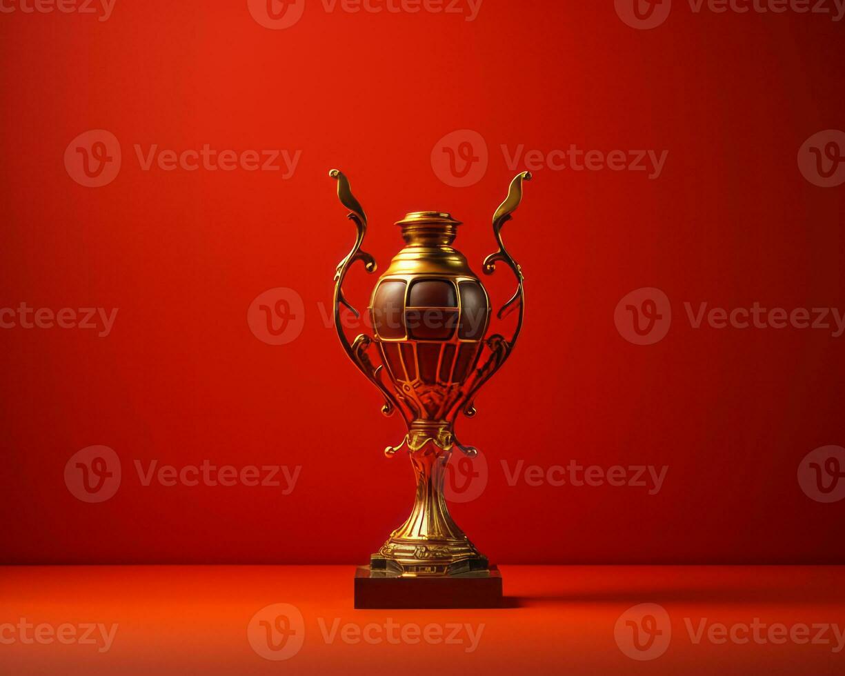 a golden trophy on a red background generative ai photo
