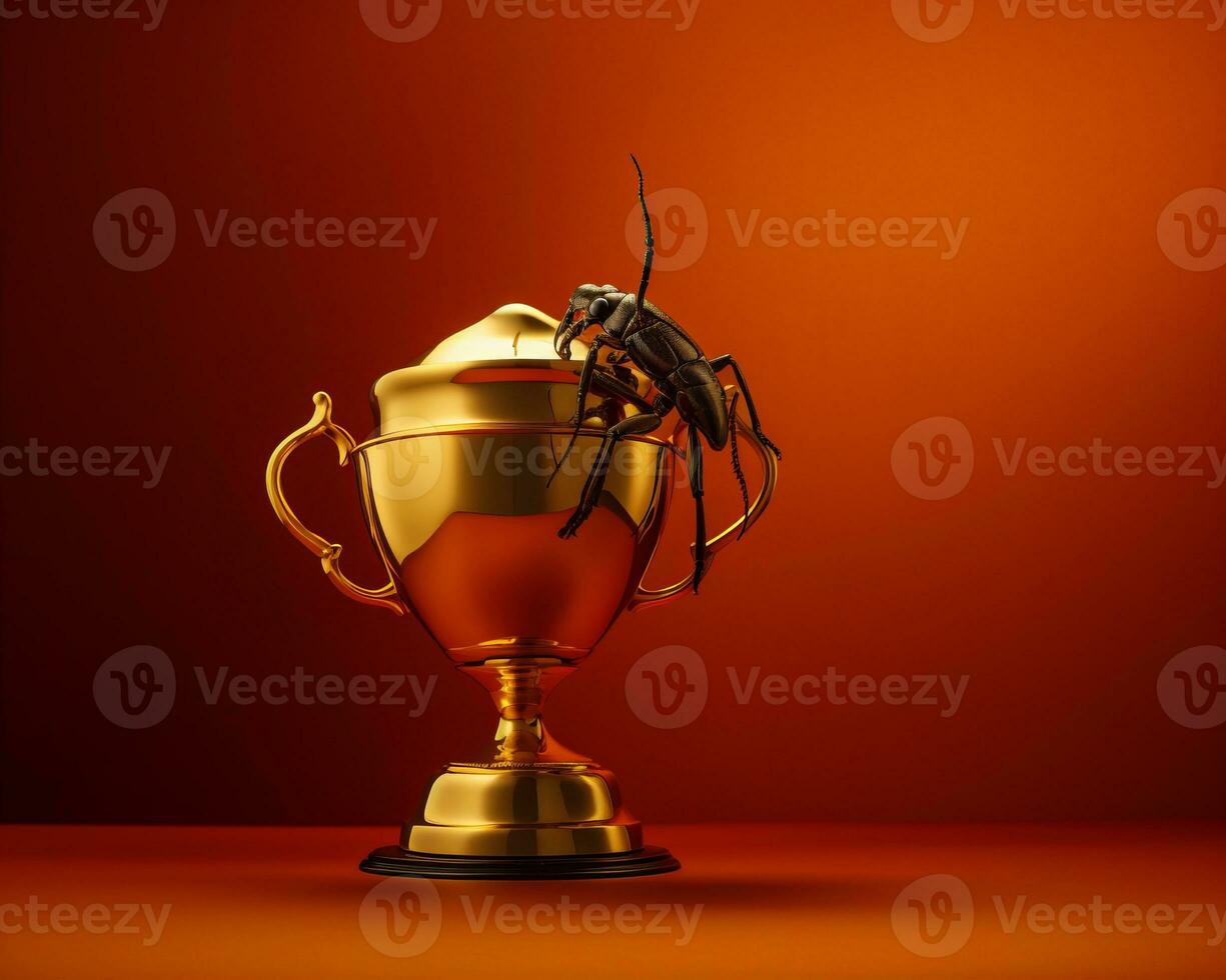 a golden trophy on an orange background generative ai photo