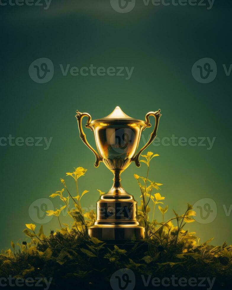 a golden trophy sitting on top of some grass generative ai photo