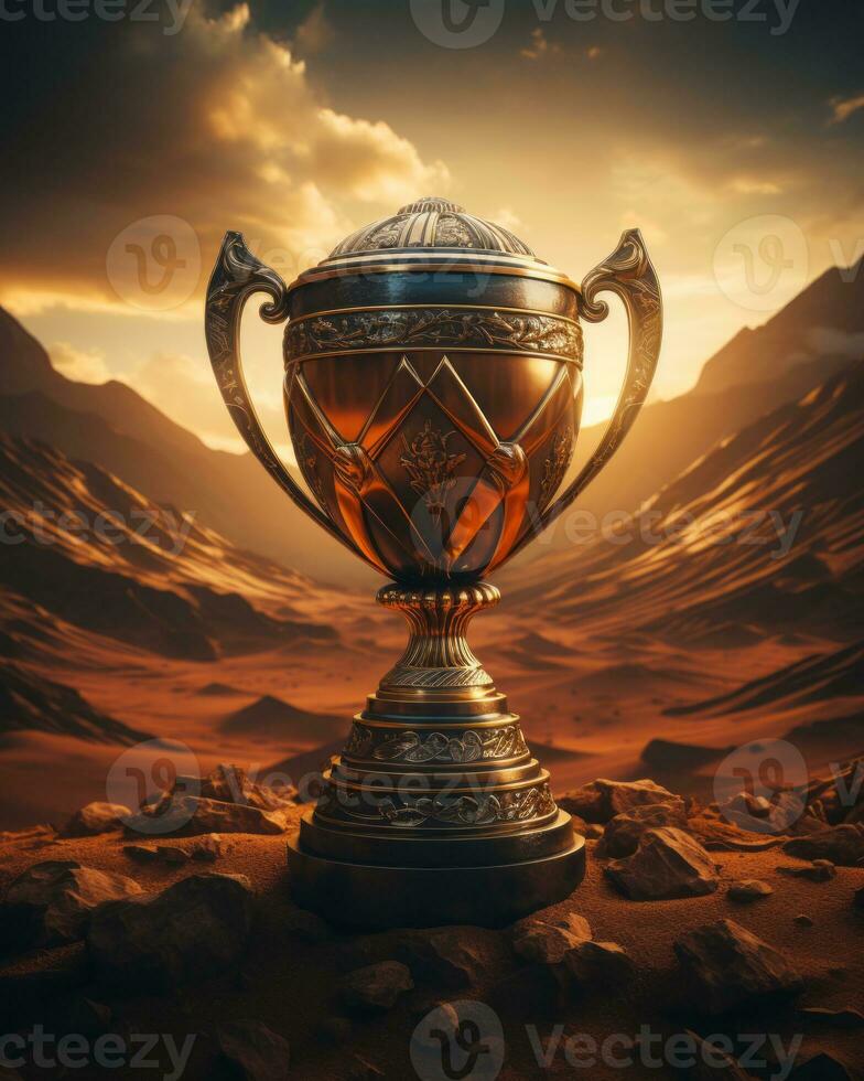 a golden trophy sits in the middle of a desert with mountains in the background generative ai photo