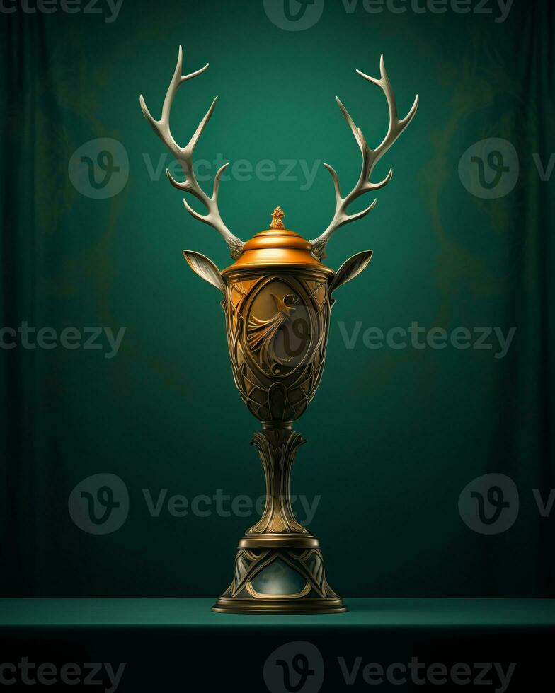 a golden trophy with antlers on top of a green background generative ai photo