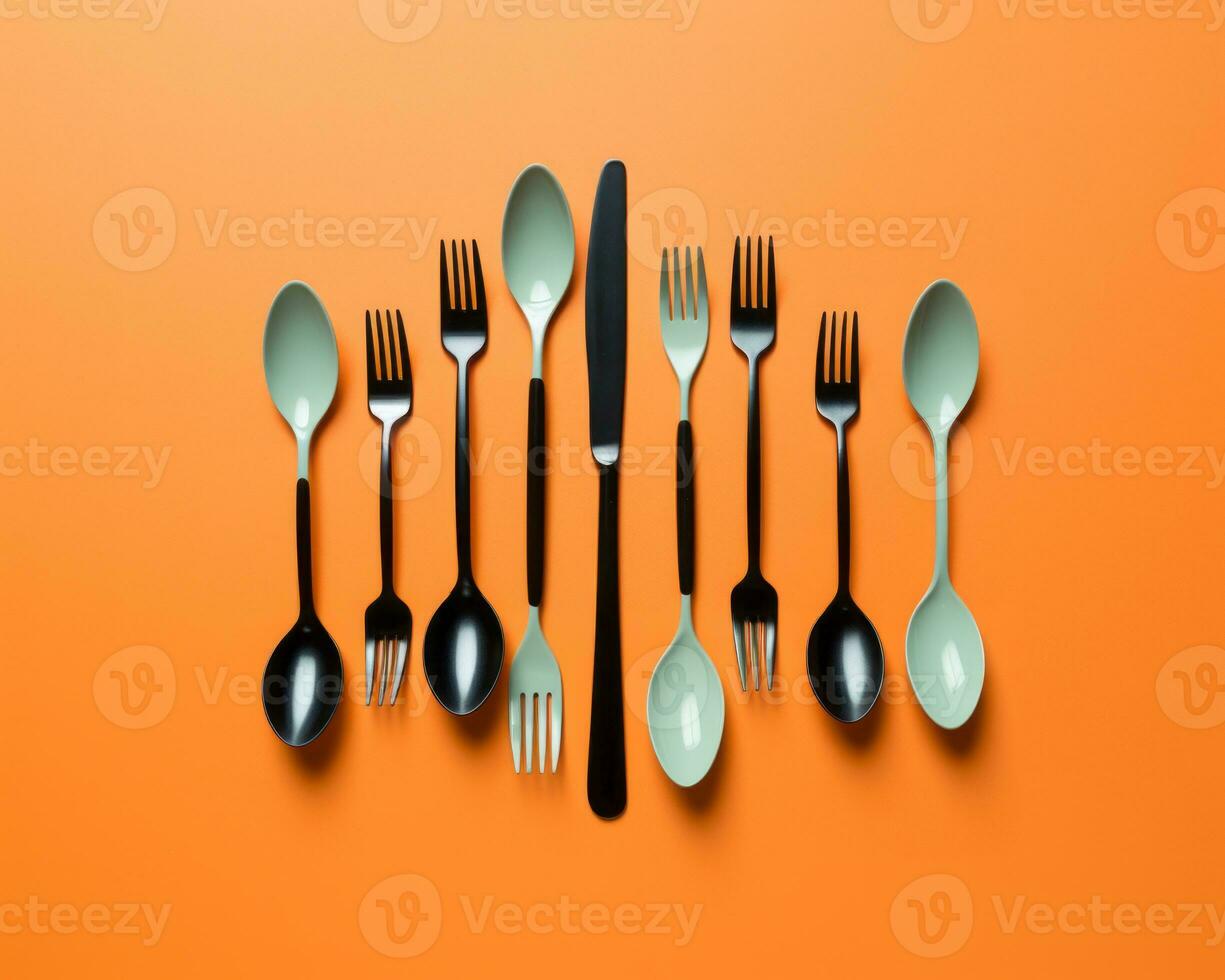 a group of forks and spoons on an orange background generative ai photo