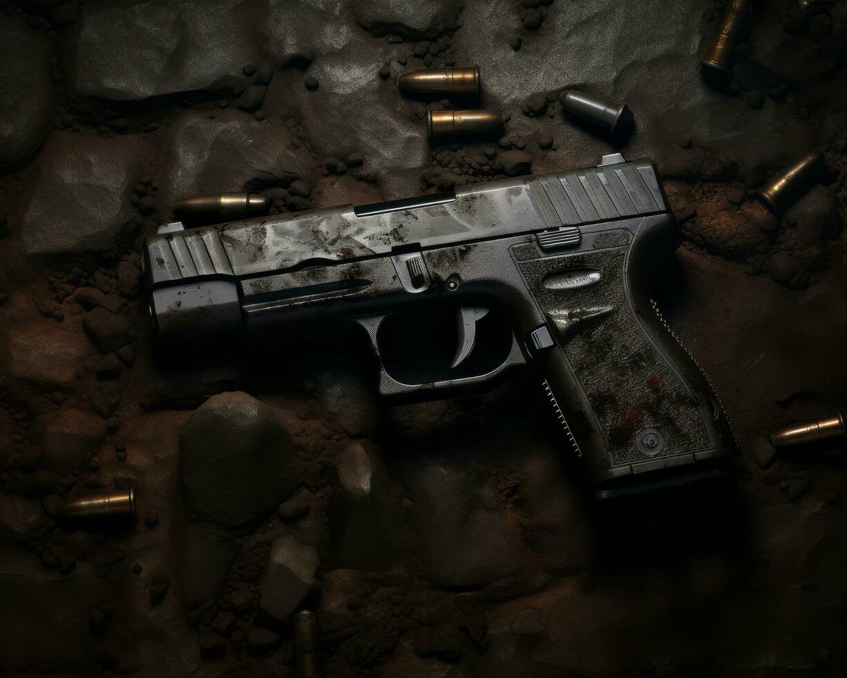 a gun laying on the ground with bullets around it generative ai photo