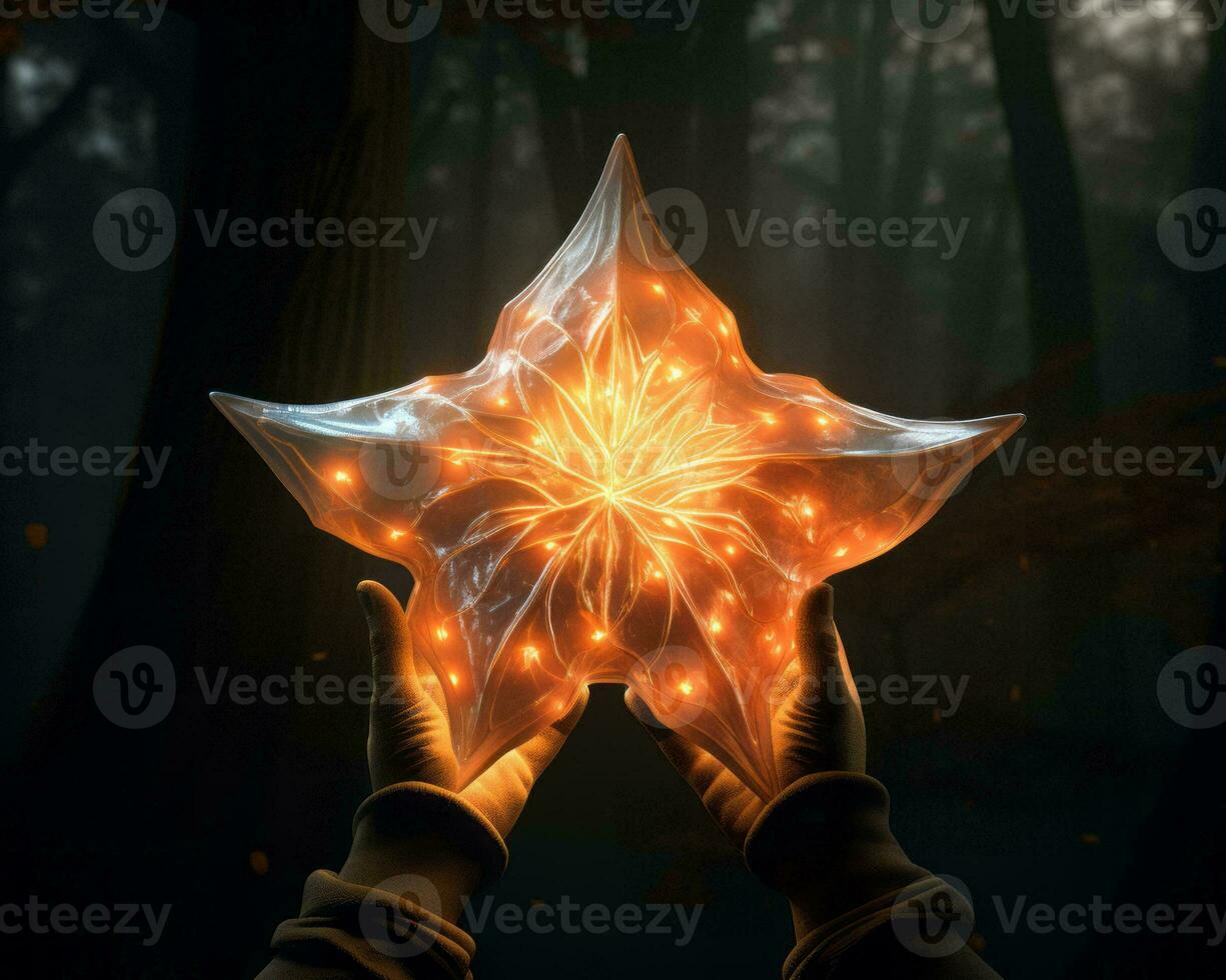 a hand holding a glowing star in the dark forest generative ai photo