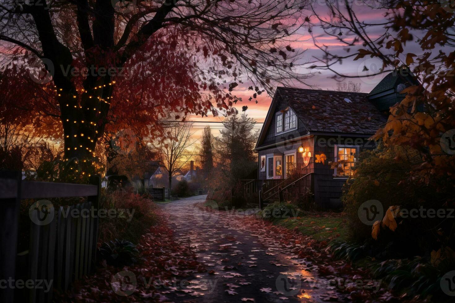 a house is surrounded by autumn leaves at sunset generative ai photo