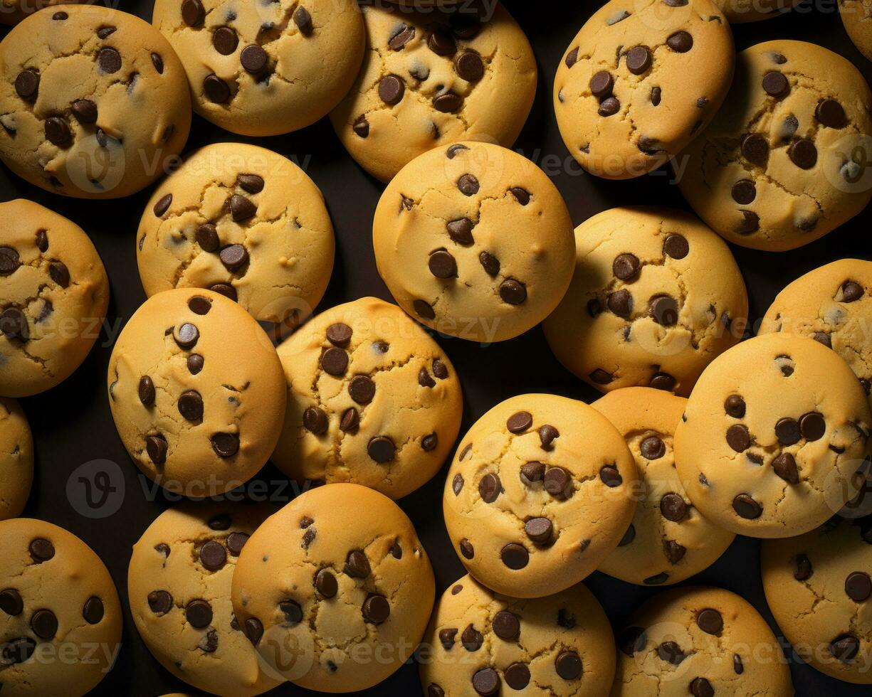 a large group of chocolate chip cookies on a black background generative ai photo