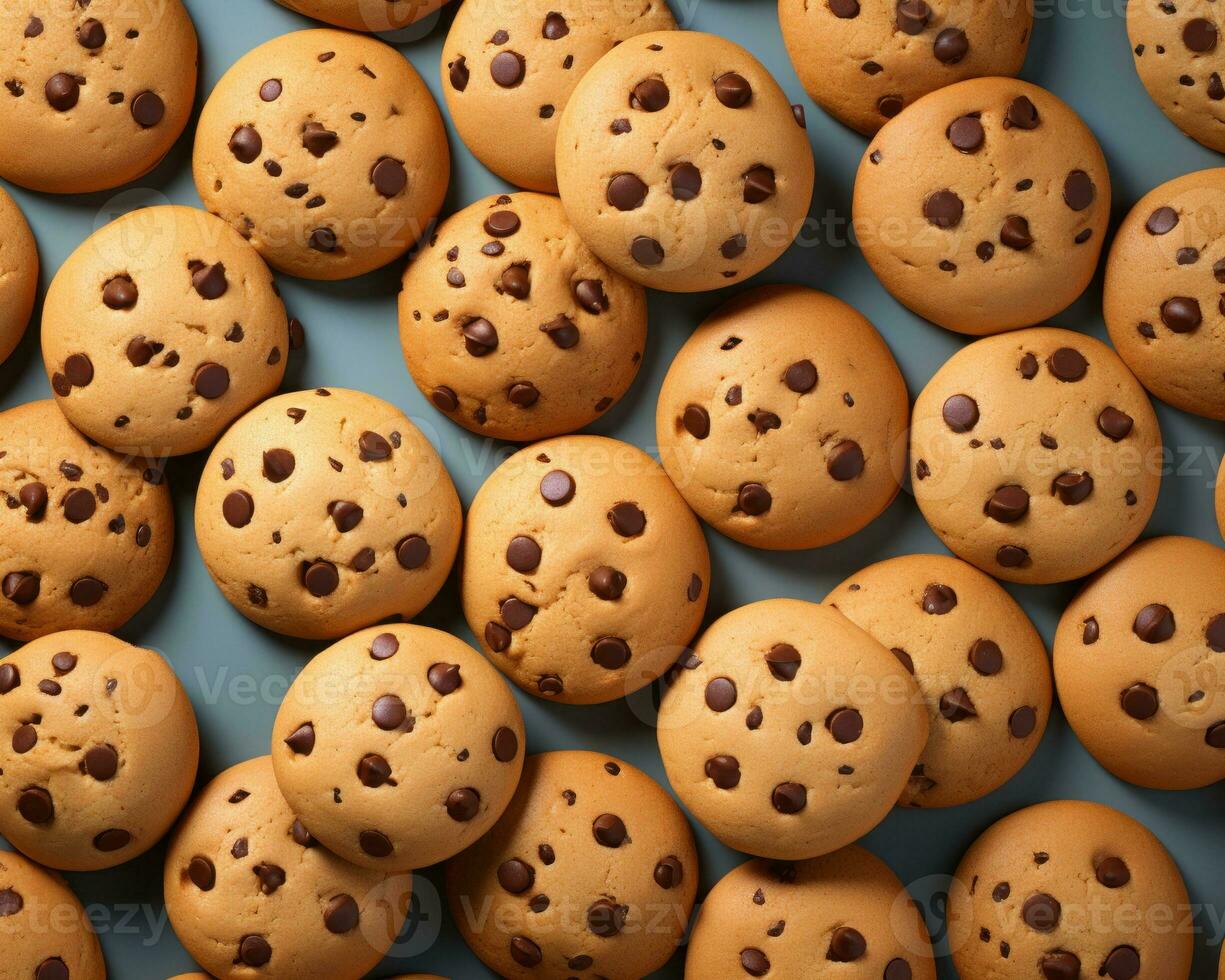 a large group of chocolate chip cookies on a blue background generative ai photo