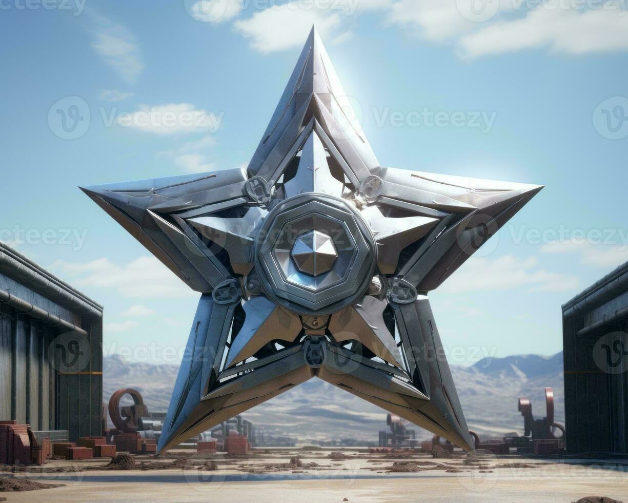 a large metal star in the middle of a desert generative ai photo