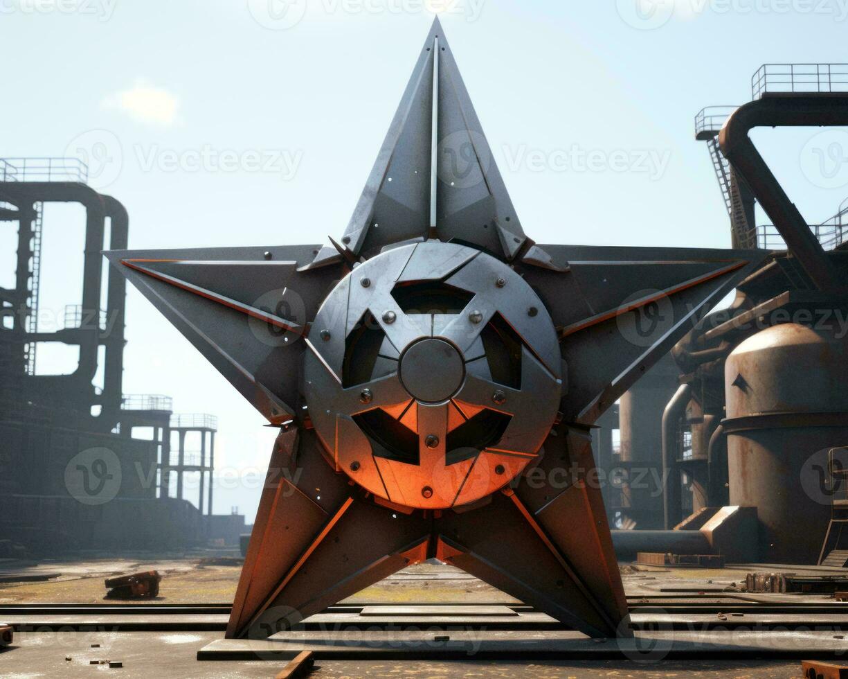 a large metal star in the middle of an industrial area generative ai photo