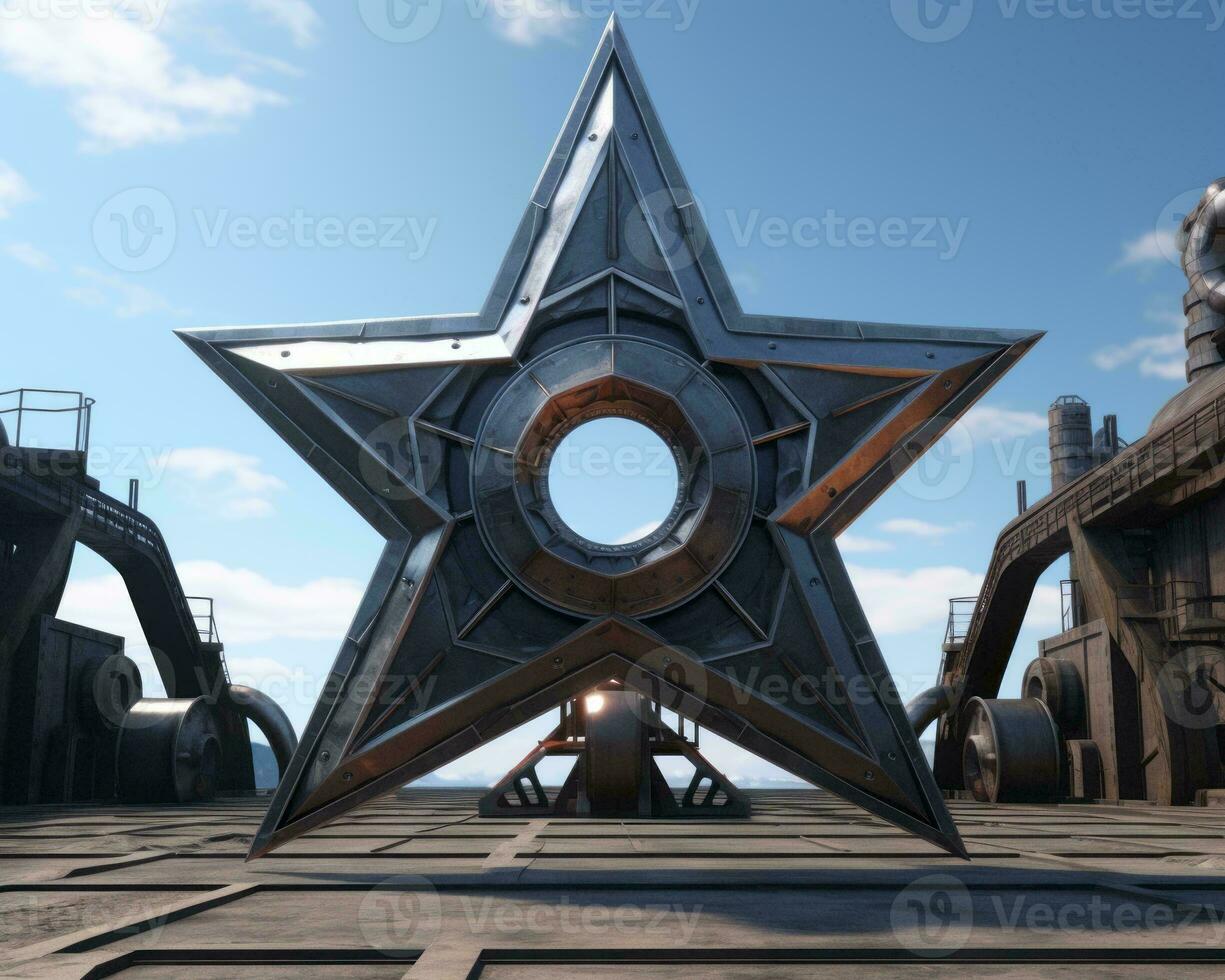 a large metal star in the middle of an industrial area generative ai photo