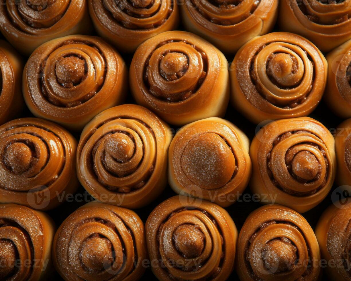 a large group of cinnamon buns on a black background generative ai photo