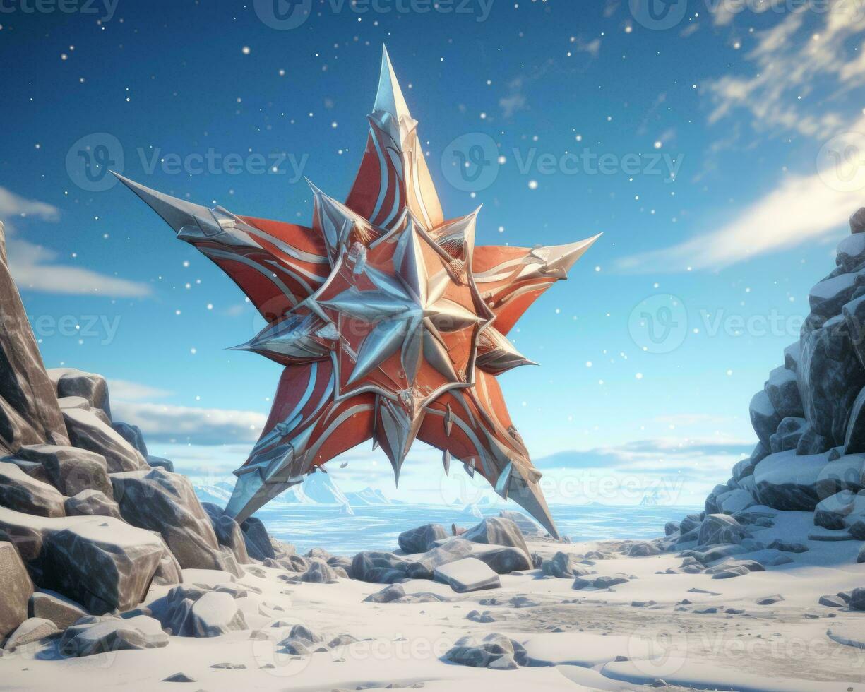 a large red star in the middle of a snowy landscape generative ai photo