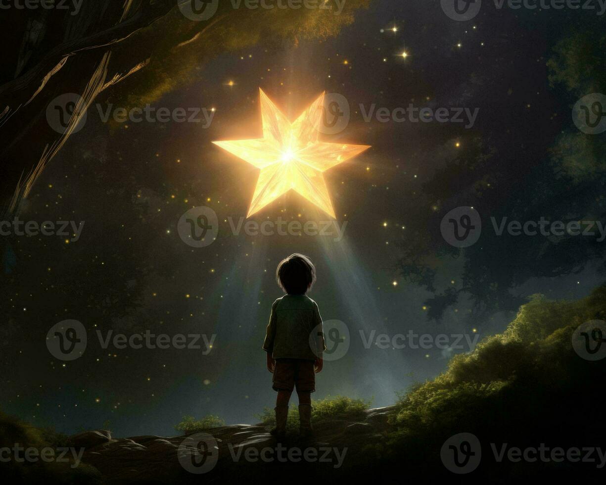 a little boy standing in front of a star generative ai photo