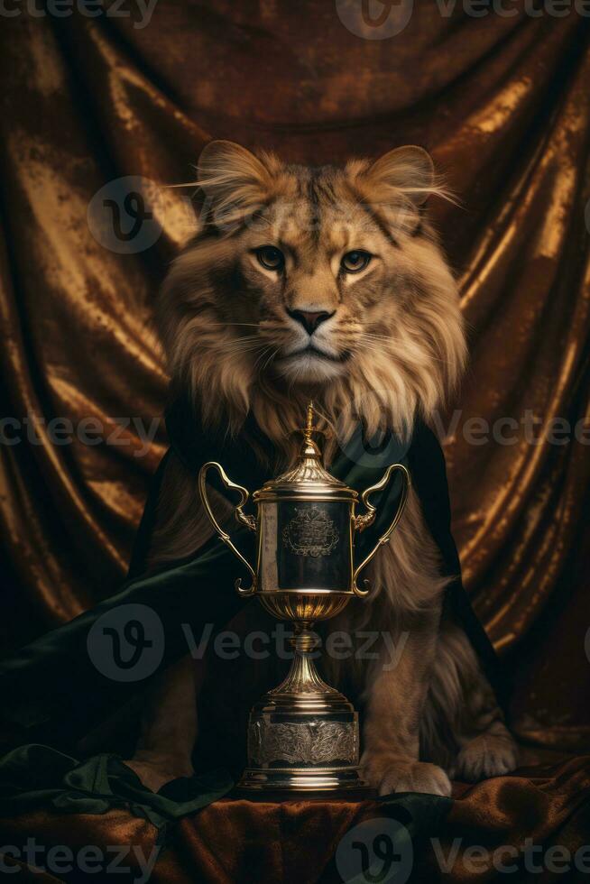 a lion sitting on a throne with a trophy in front of him generative ai photo