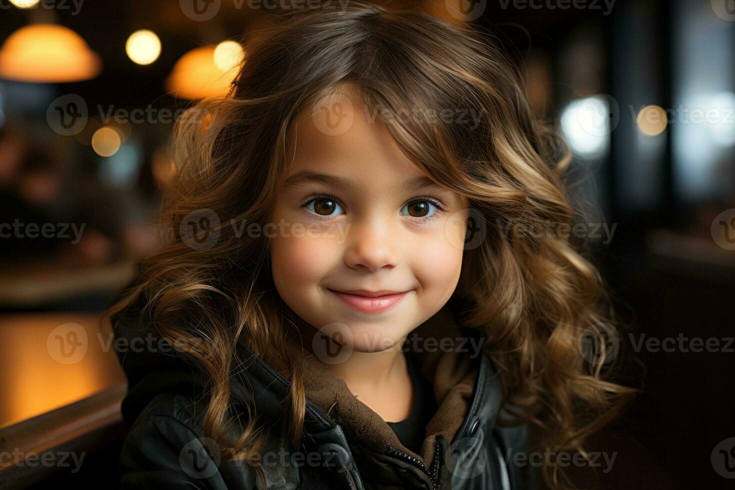a little girl in a black jacket smiling at the camera generative ai photo