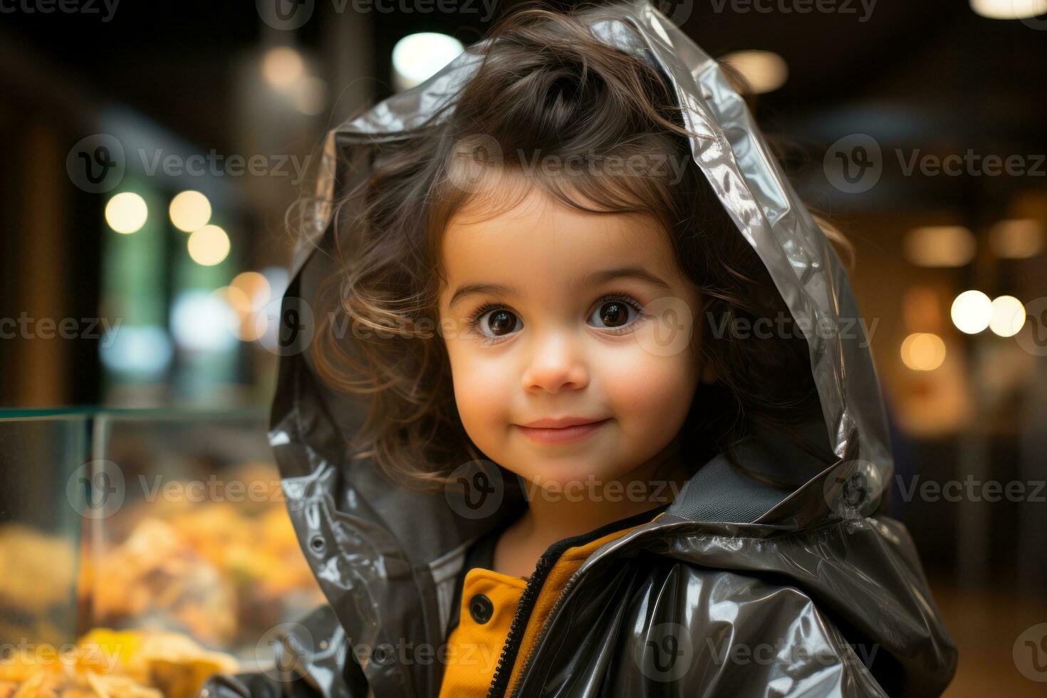 a little girl in a raincoat standing in front of a display of pastries generative ai photo