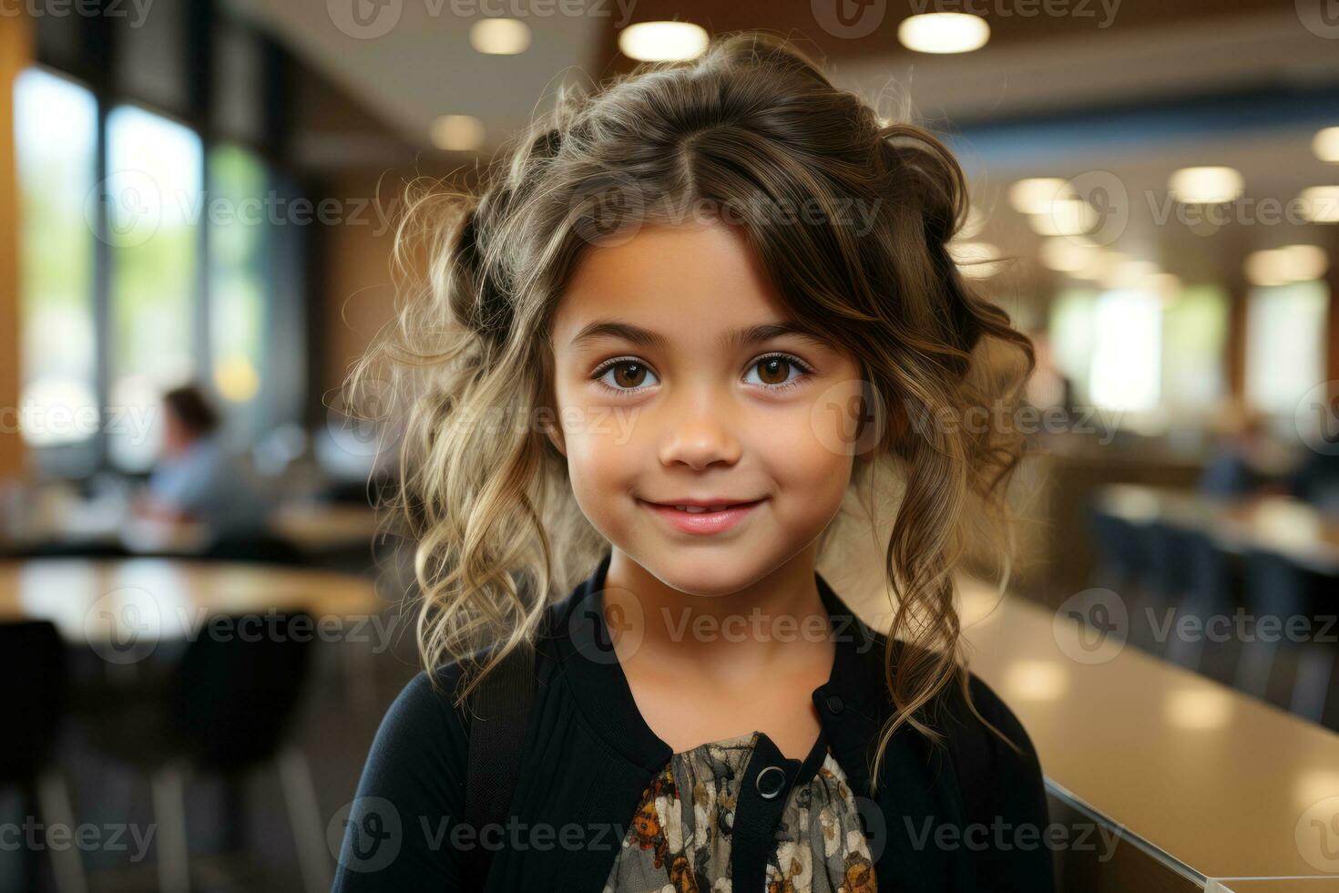 a little girl is smiling at the camera in a restaurant generative ai photo