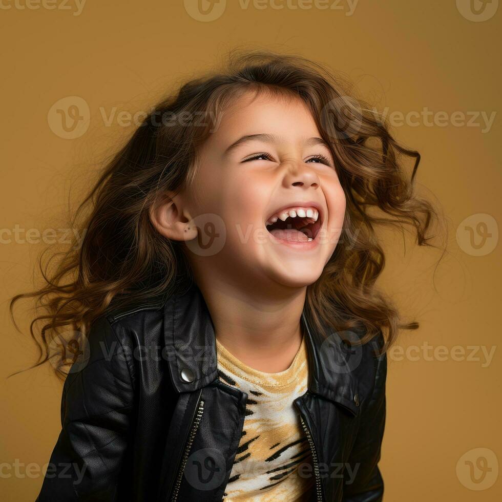 a little girl laughing in a leather jacket generative ai photo