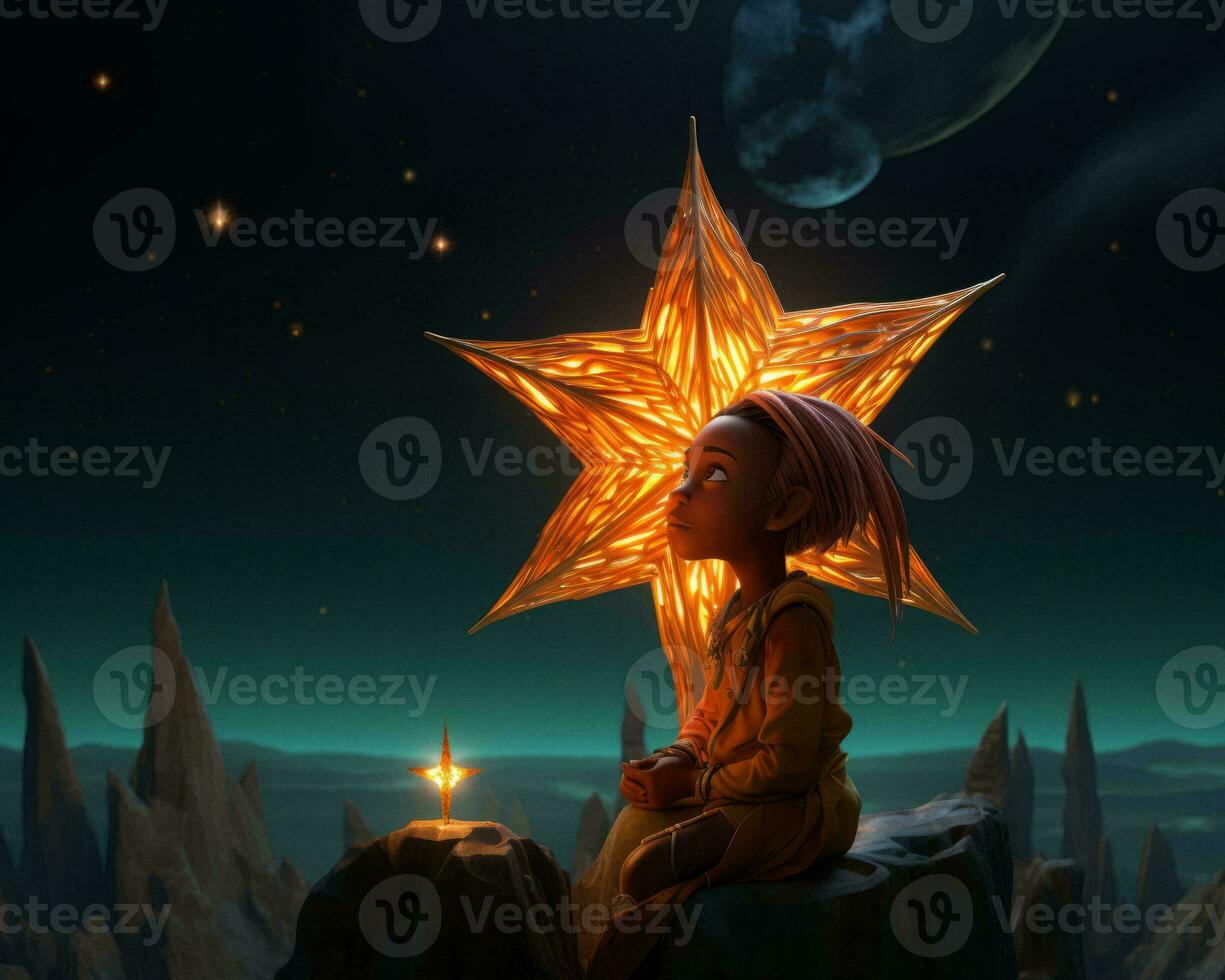 a little girl sitting on top of a rock with a star in the sky generative ai photo