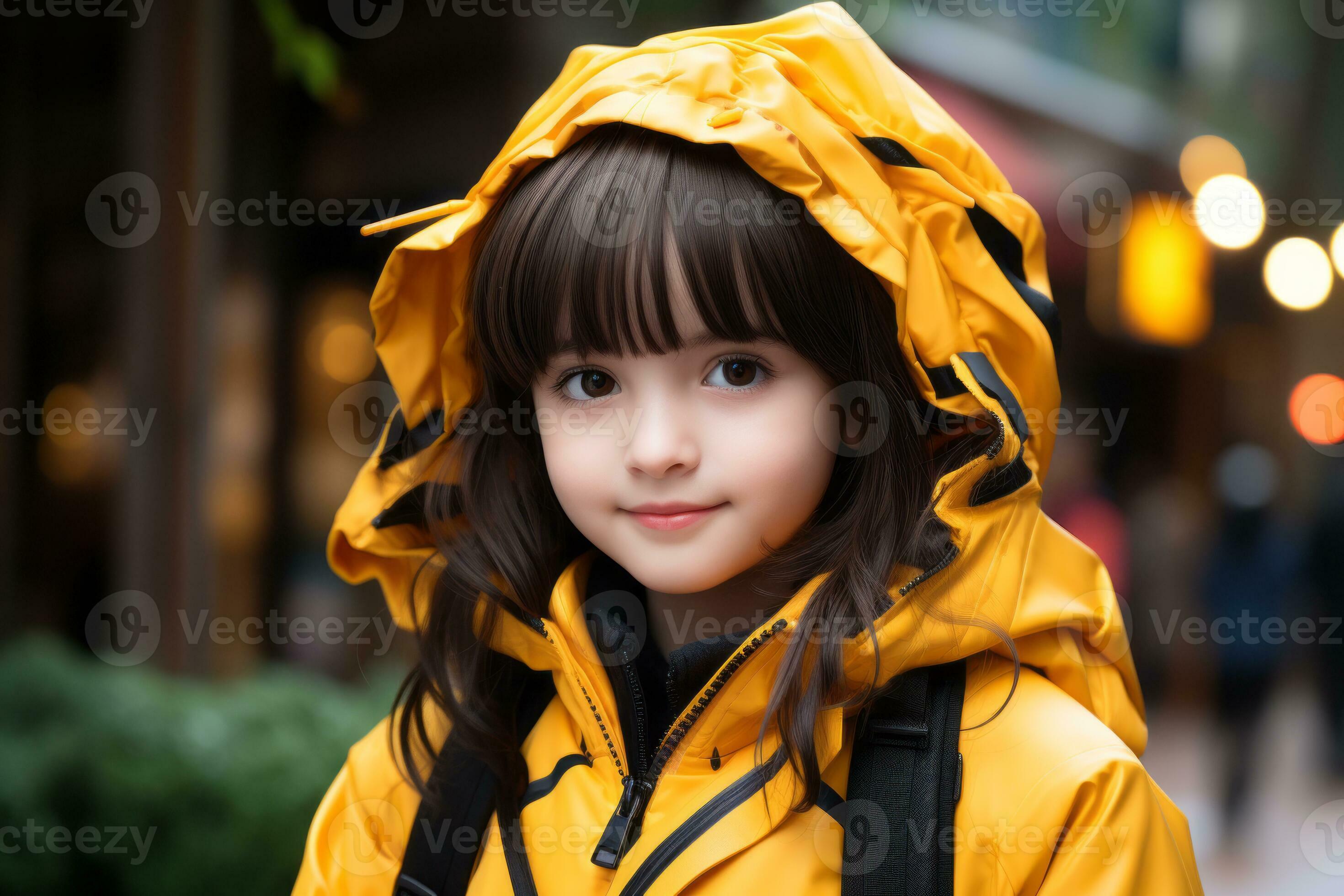 a little girl wearing a yellow raincoat generative ai 28374987 Stock Photo at Vecteezy