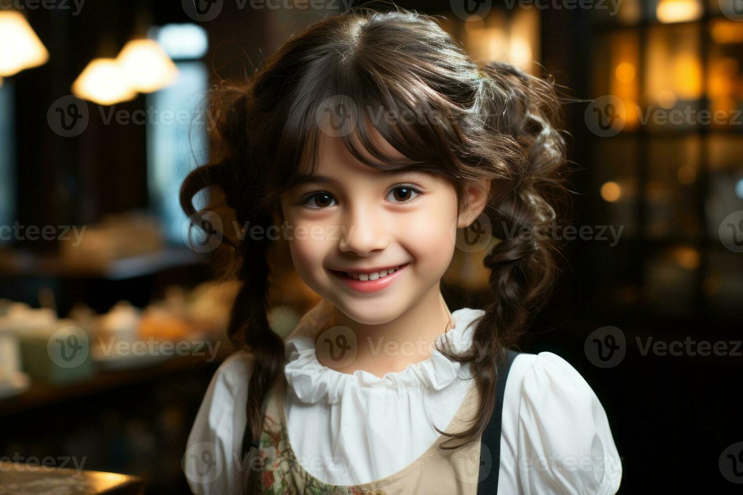 a little girl with braids standing in front of a table generative ai photo