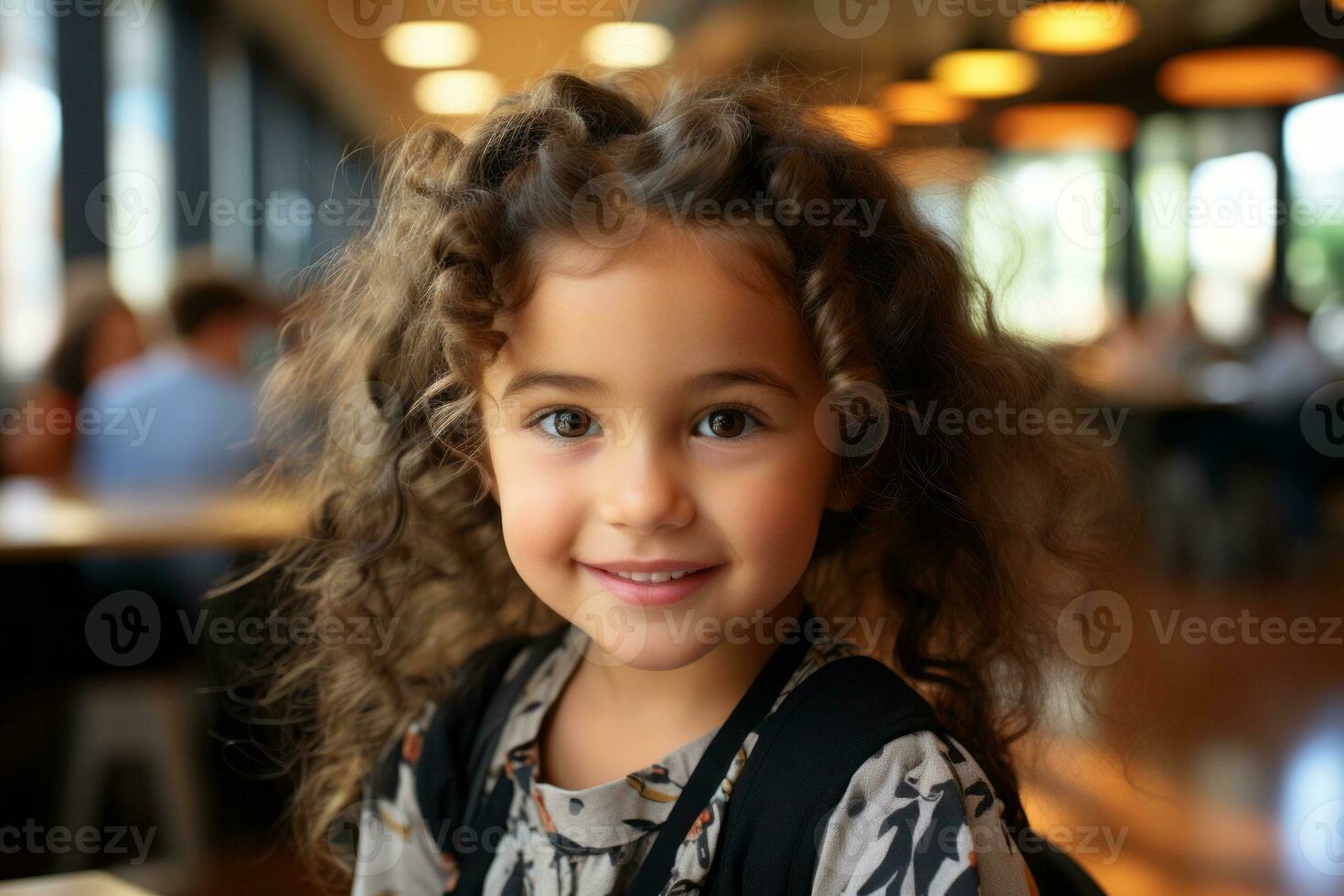 a little girl with curly hair sitting at a table generative ai photo