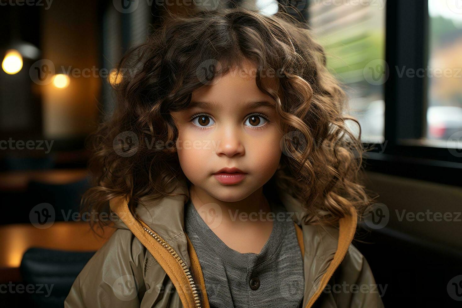 a little girl with curly hair sitting at a table generative ai photo
