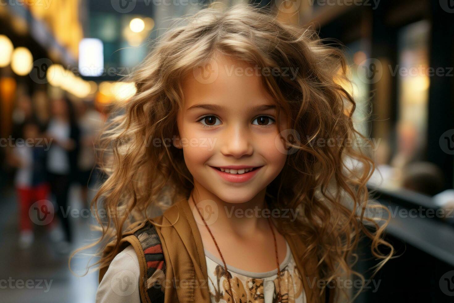 a little girl with curly hair standing in a mall generative ai photo