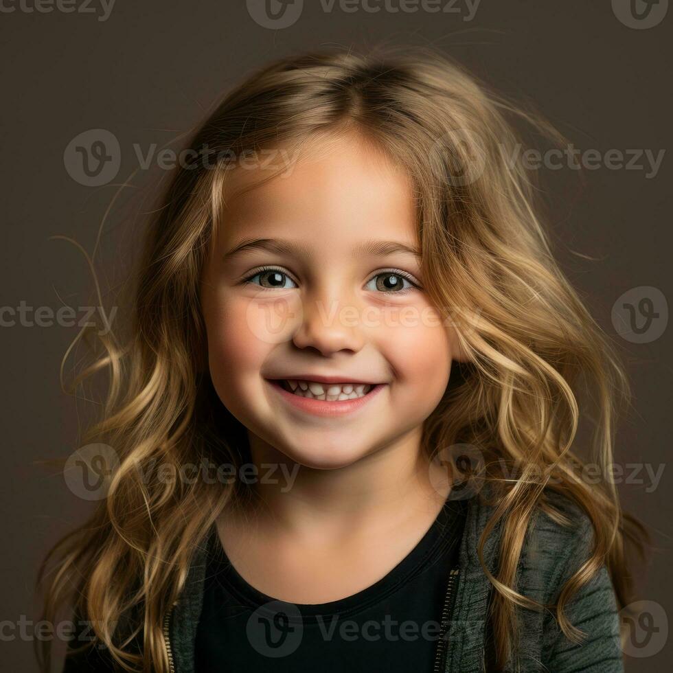 a little girl with long hair smiling at the camera generative ai photo