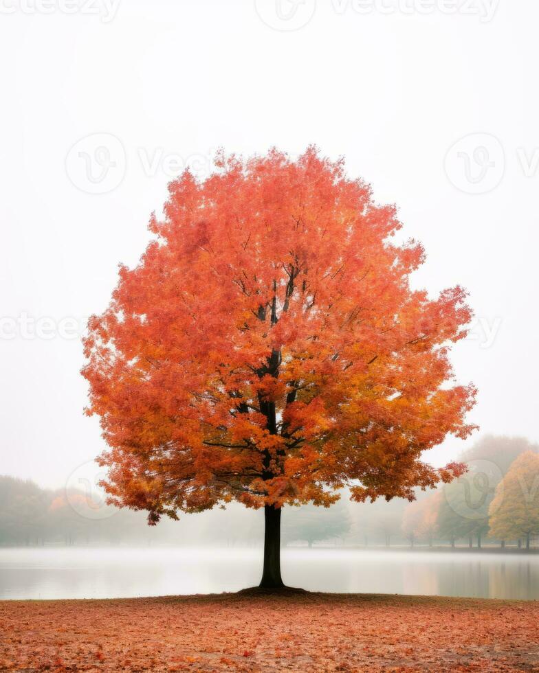 a lone tree in the middle of a foggy lake generative ai photo