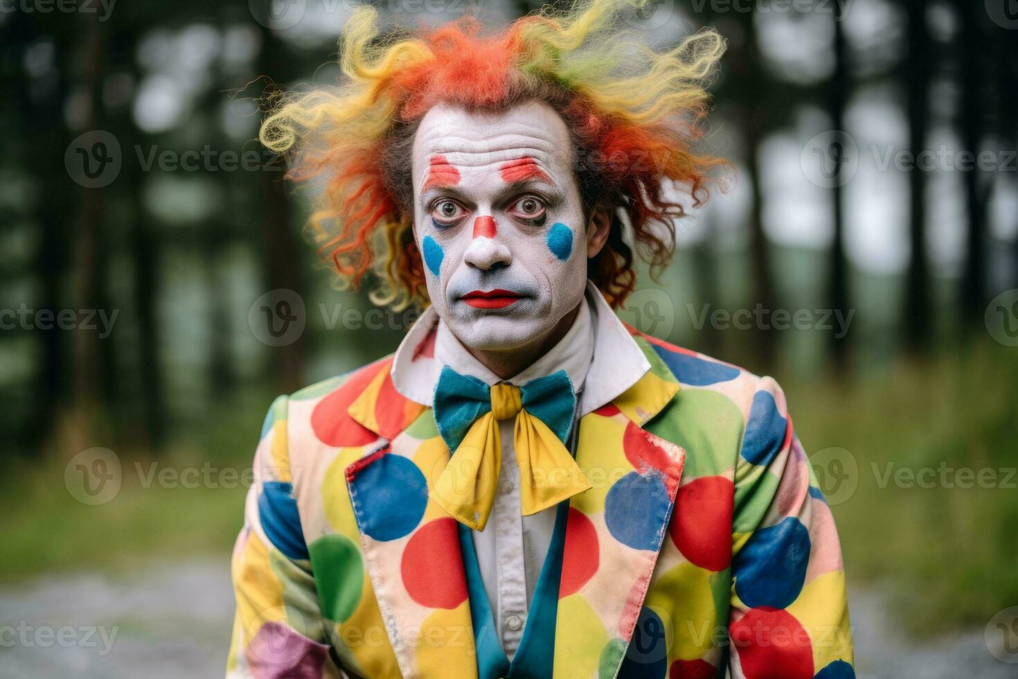 a man dressed as a clown standing in the woods generative ai photo