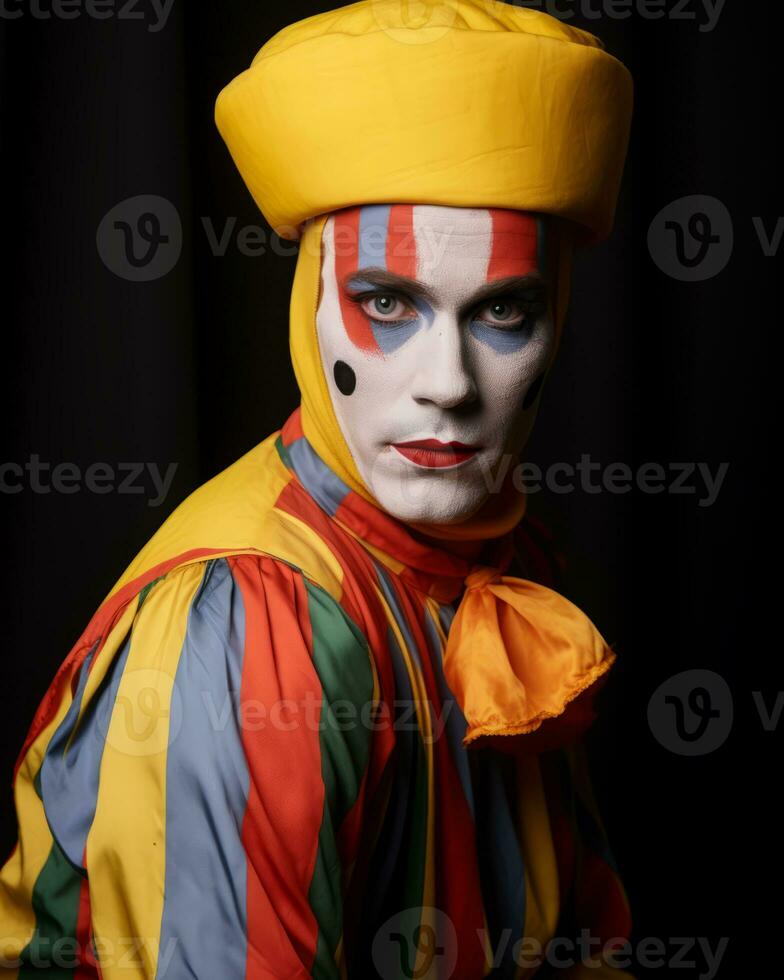 a man dressed as a clown with a yellow hat generative ai photo