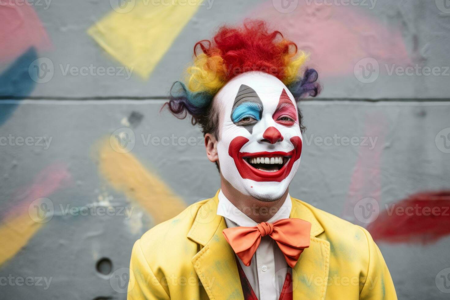 a man in a clown suit is smiling while standing in front of a graffiti wall generative ai photo