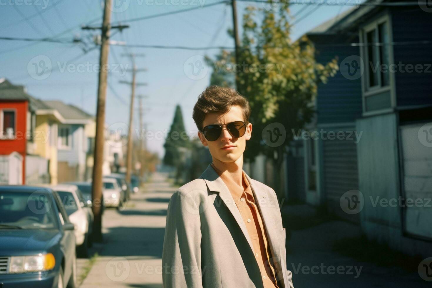 un hombre en un traje y Gafas de sol en pie en un calle generativo ai foto