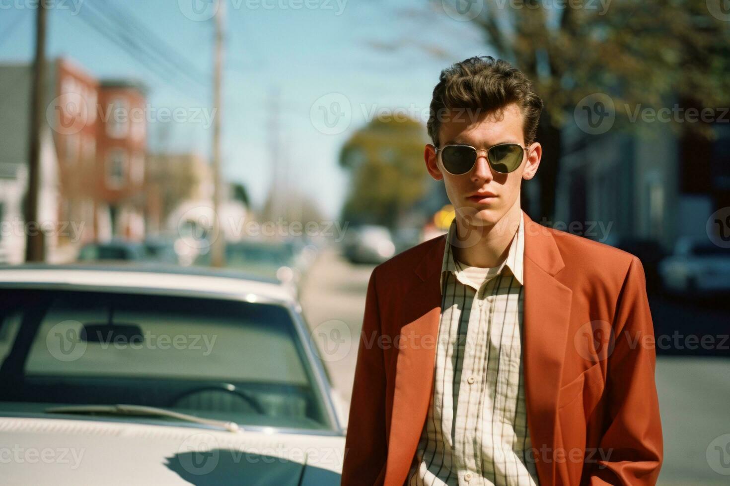 a man in a red jacket and sunglasses standing next to a car generative ai photo